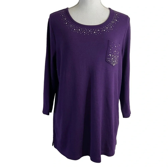 Quacker Factory Eggplant Purple Blouse Large Rhinestones Pocket Embellished Knit - Picture 1 of 6